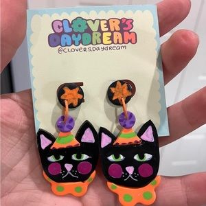Polymer clay and paint circus clown cat earrings, stainless steel Halloween